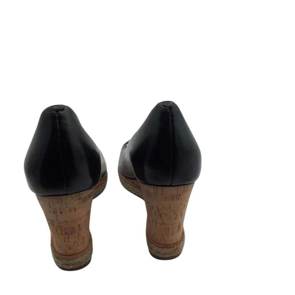Cole Haan Black Leather Peep-Toe Wedge Espadrilles